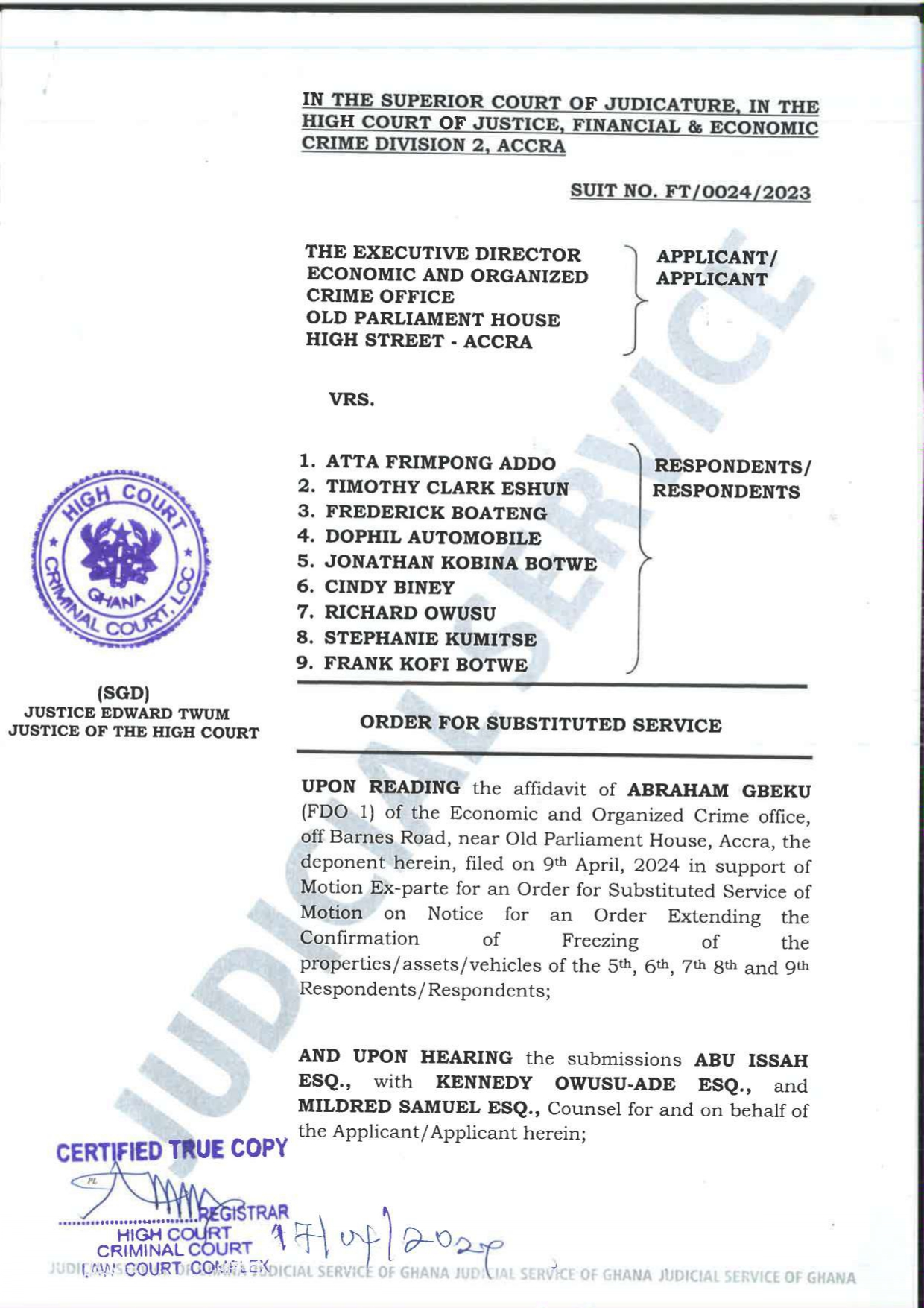 ORDER FOR SUBSTITUTED SERVICE MOTION AND AFFIDAVIT FOR ATTA FRIMPONG AND 8 OTHERS 1 page 0004 page 0009 1