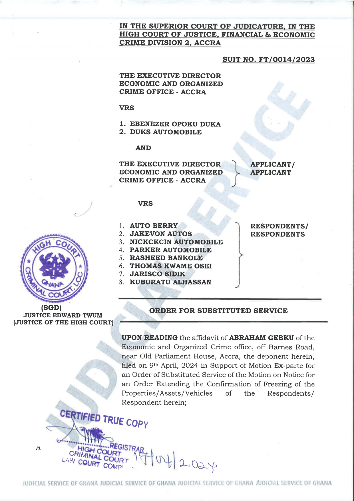 ORDER FOR SUBSTITUTED SERVICE MOTION AND AFFIDAVIT FOR AUTOBERRY AND 7 OTHERS 1 page 0001 1