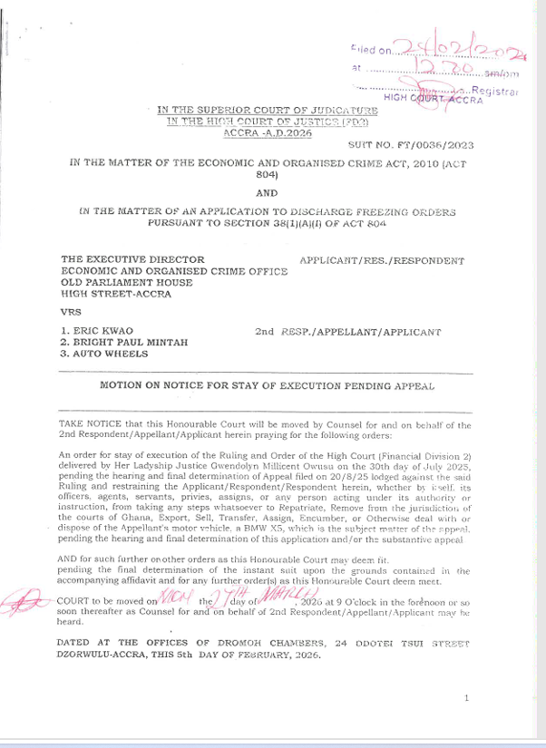 MOTION ON NOTICE FOR STAY OF EXECUTION PENDING APPEAL