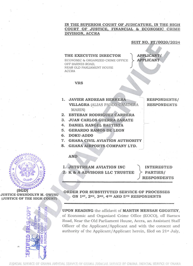 ORDER FOR SUBSTITUTED SERVICE EOCO VRR JAVIER ANDREAS