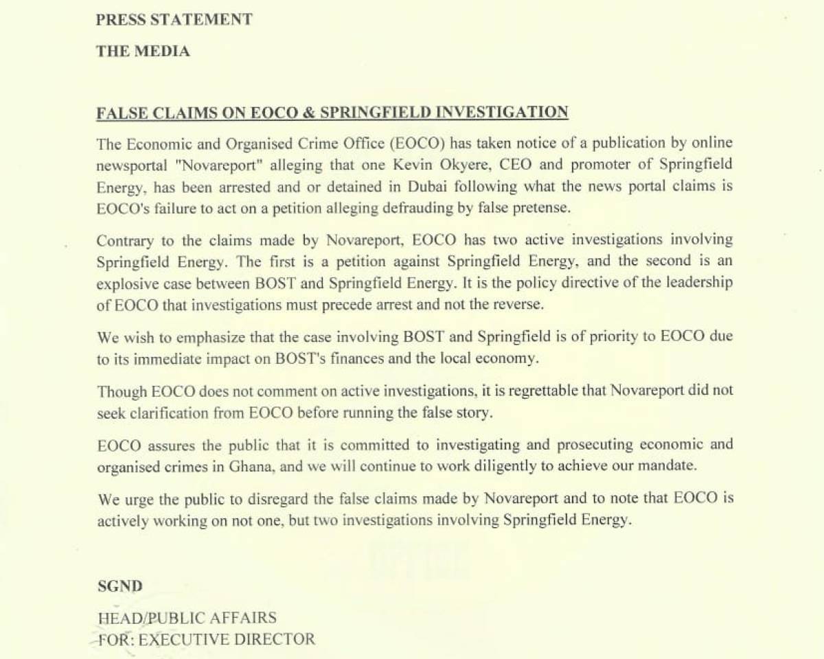 PRESS RELEASE - FALSE CLAIMS ON EOCO & SPRINGFIELD INVESTIGATION