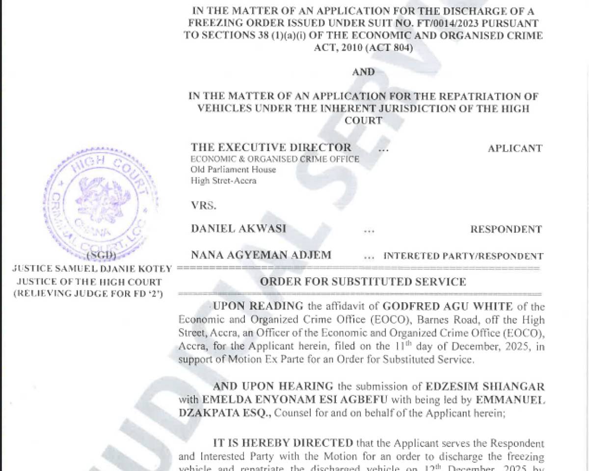 ORDER FOR SUBSTITUTED SERVICE (EOCO VRS. DANIEL AKWASI AND OTHERS)
