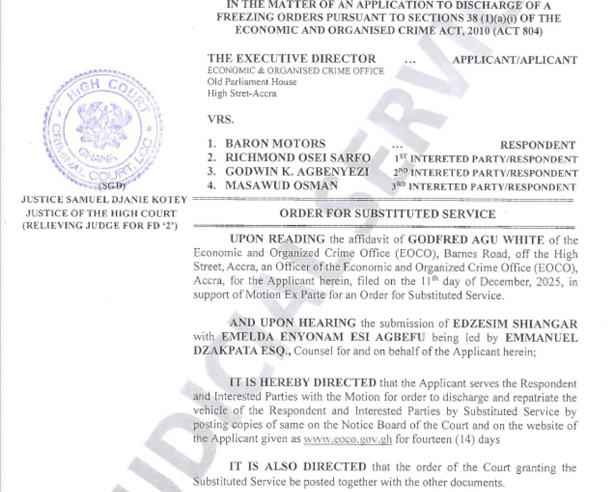 ORDER FOR SUBSTITUTED SERVICE (EOCO VRS. BARON MOTORS AND OTHERS)