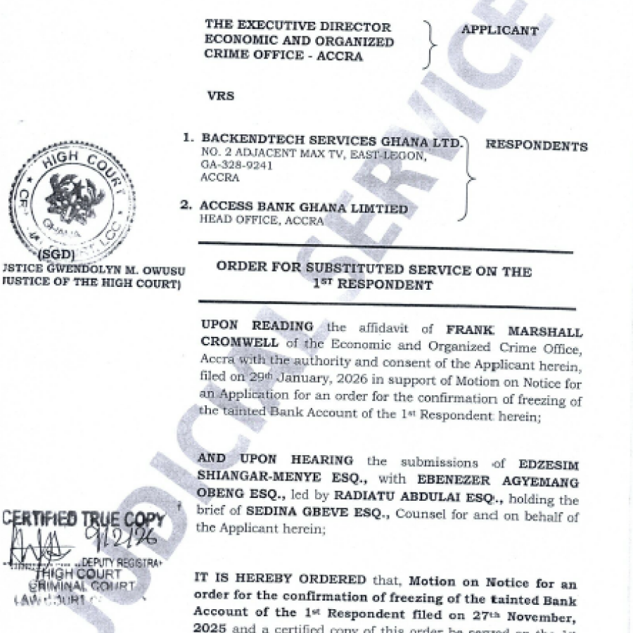 ORDER FOR SUBSTITUTED SERVICE (EOCO VRS. BACKENTECH SERVICES GHANA LTD. AND OTHERS)