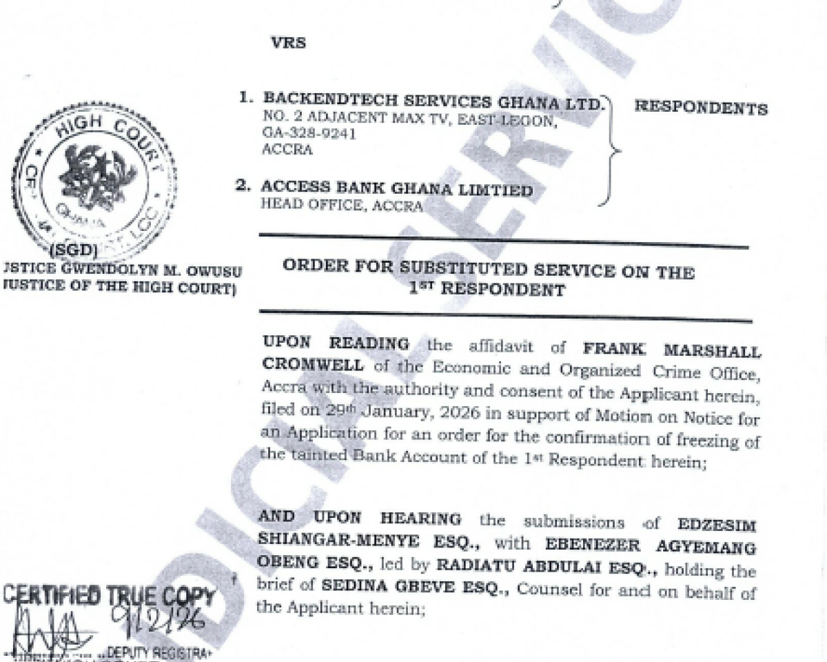 ORDER FOR SUBSTITUTED SERVICE (EOCO VRS. BACKENTECH SERVICES GHANA LTD. AND OTHERS)