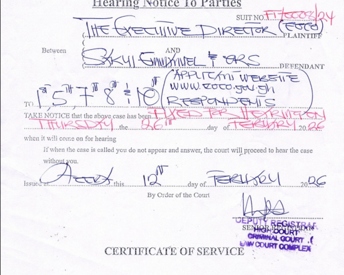 HEARING NOTICE TO PARTIES  (EOCO  AND SAKYI EMMANUEL AND OTHERS)