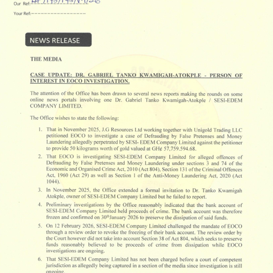 NEWS RELEASE (CASE UPDATE DR. GABRIEL KWAME TANKO KWAMIGAH-ATOKPLE)