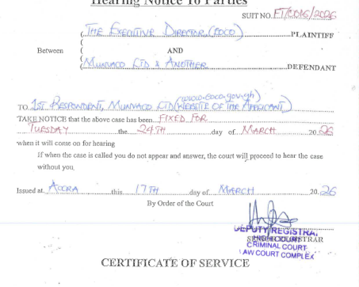 HEARING NOTICE TO PARTIES  (EOCO  AND MUNVACO LTD AND OTHERS)