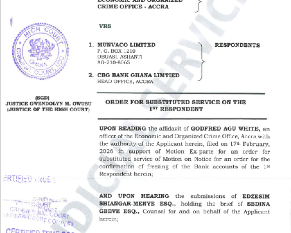 ORDER FOR SUBSTITUTED SERVICE (EOCO VRS. MUNVACO LTD. AND OTHERS)