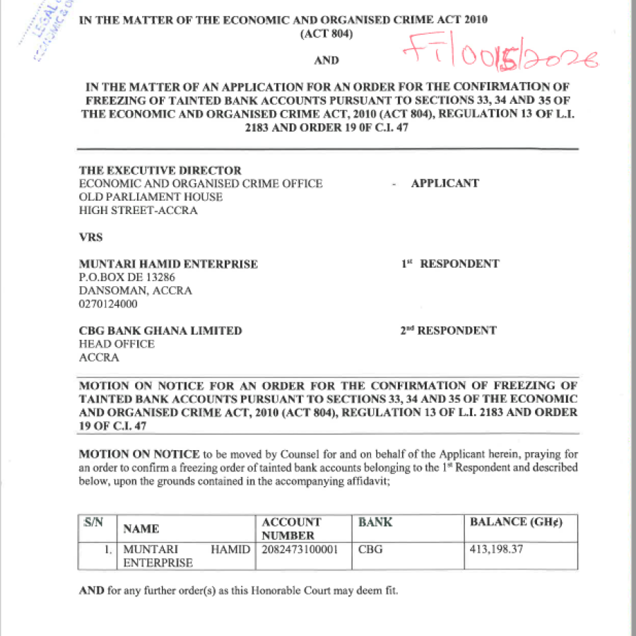 MOTION ON NOTICE (EOCO VRS. MUNTARI HAMID  ENTERPRISE AND OTHERS)