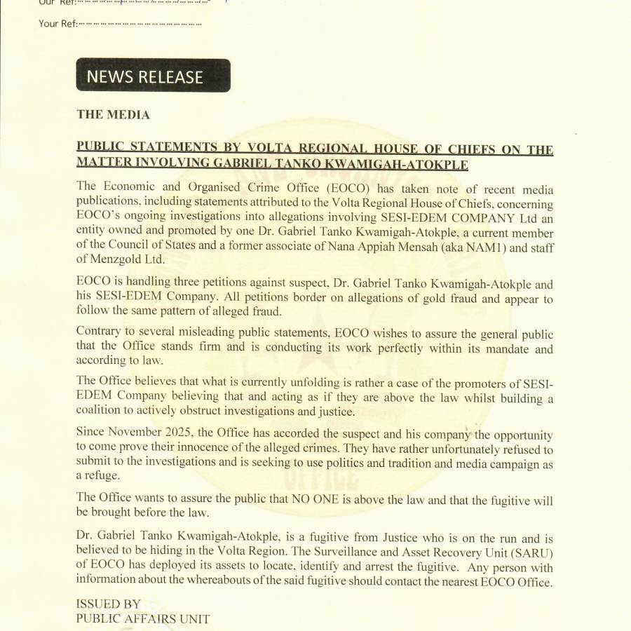 NEWS RELEASE (PUBLIC STATEMENT BY VOLTA REGIONAL HOUSE  OF CHIEFS ON THE MATTER INVOLVING DR. GABRIEL KWAME TANKO KWAMIGAH-ATOKPLE)