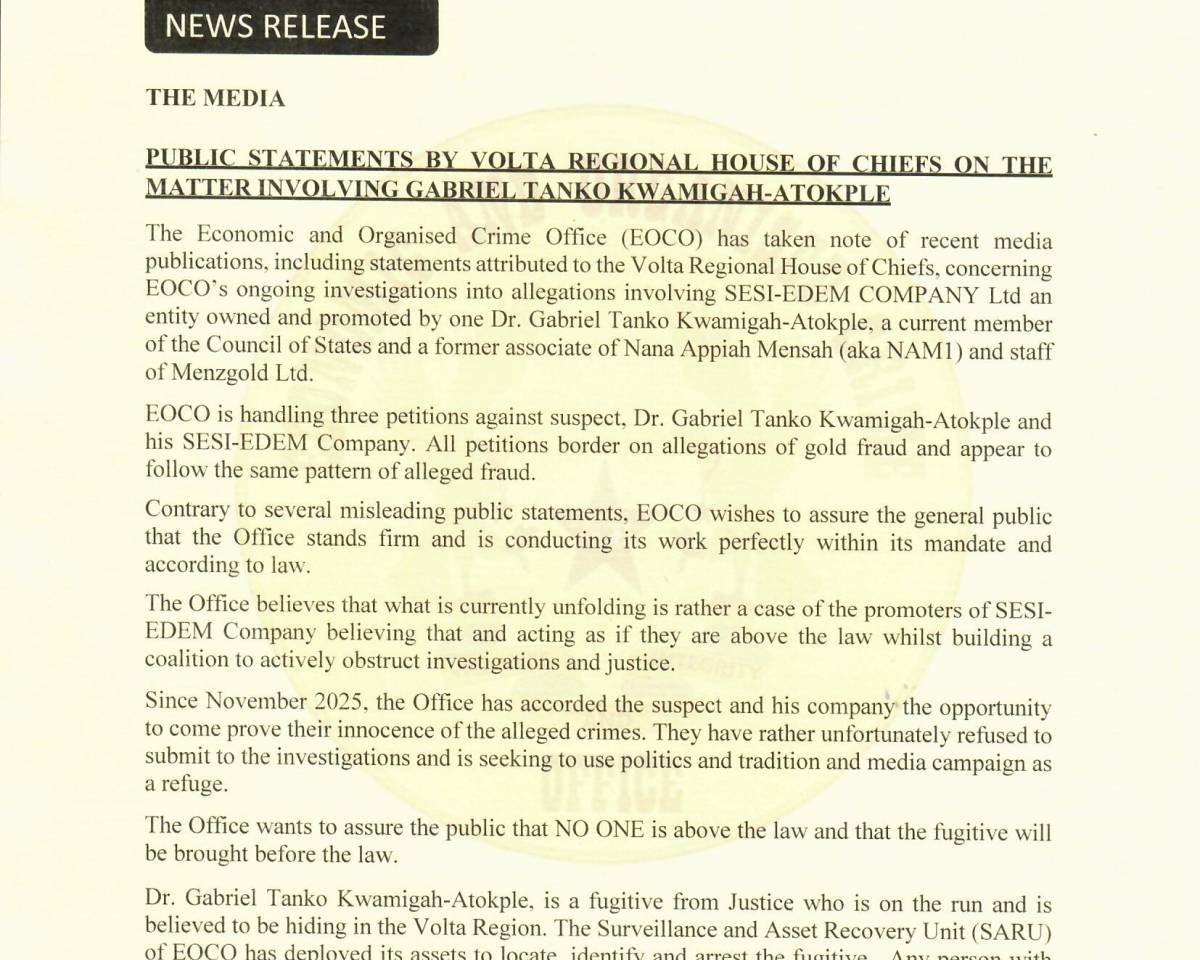 NEWS RELEASE (PUBLIC STATEMENT BY VOLTA REGIONAL HOUSE  OF CHIEFS ON THE MATTER INVOLVING DR. GABRIEL KWAME TANKO KWAMIGAH-ATOKPLE)