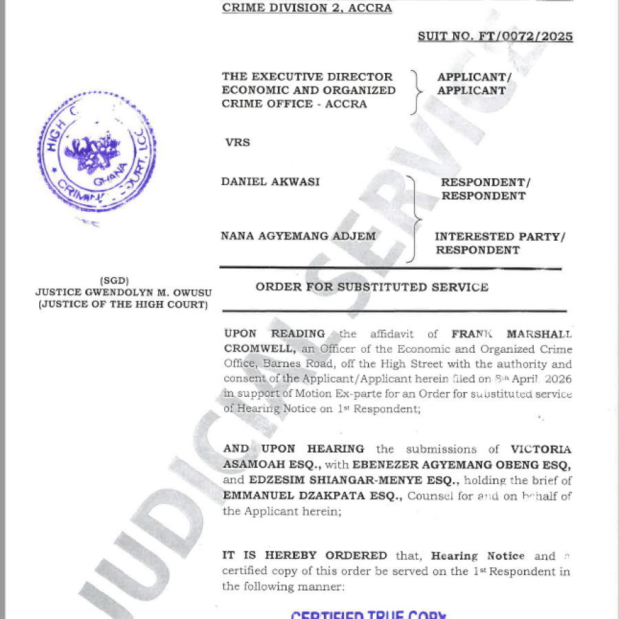 ORDER FOR SUBSTITUTED SERVICE (EOCO VRS. DANIEL AKWASI AND OTHERS)