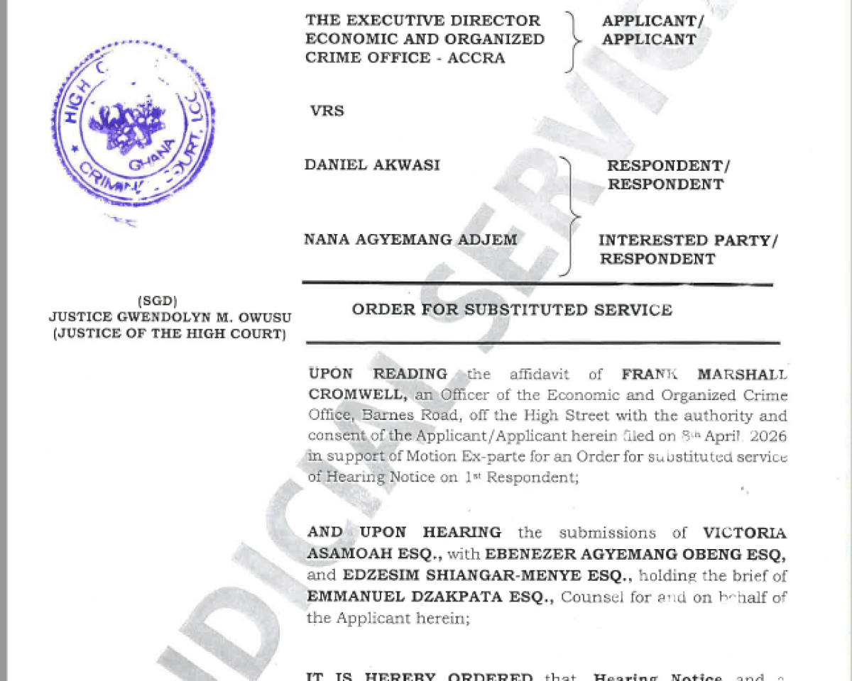 ORDER FOR SUBSTITUTED SERVICE (EOCO VRS. DANIEL AKWASI AND OTHERS)