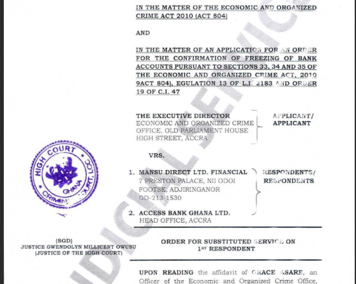 ORDER FOR SUBSTITUTED SERVICE (EOCO VRS. MANSO DIRECT LTD. FINANCIAL AND OTHERS)