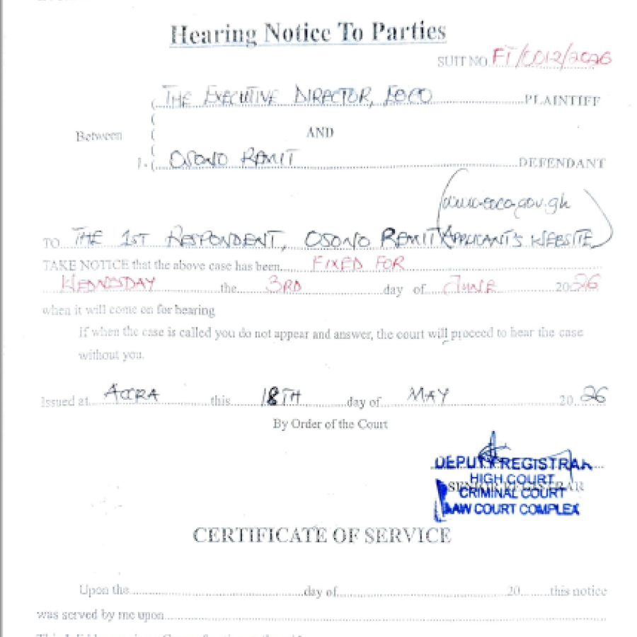 HEARING NOTICE TO PARTIES  (EOCO  AND OSONO REMIT AND OTHERS)