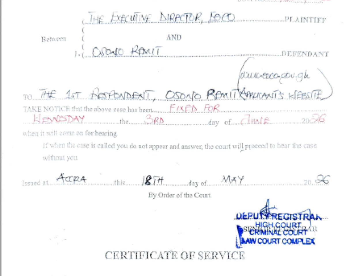 HEARING NOTICE TO PARTIES  (EOCO  AND OSONO REMIT AND OTHERS)