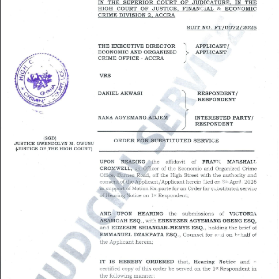   ORDER  FOR SUBSTITUTED SERVICE  (EOCO VRS DANIEL AKWASI AND OTHERS)