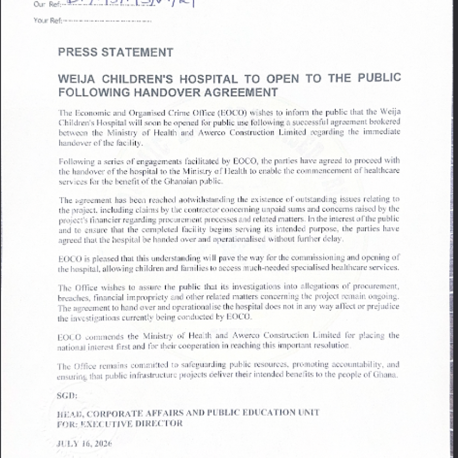 PRESS STATEMENT: WEIJA CHILDREN'S HOSPITAL TO OPEN TO THE PUBLIC FOLLOWING HANDOVER AGREEMENT