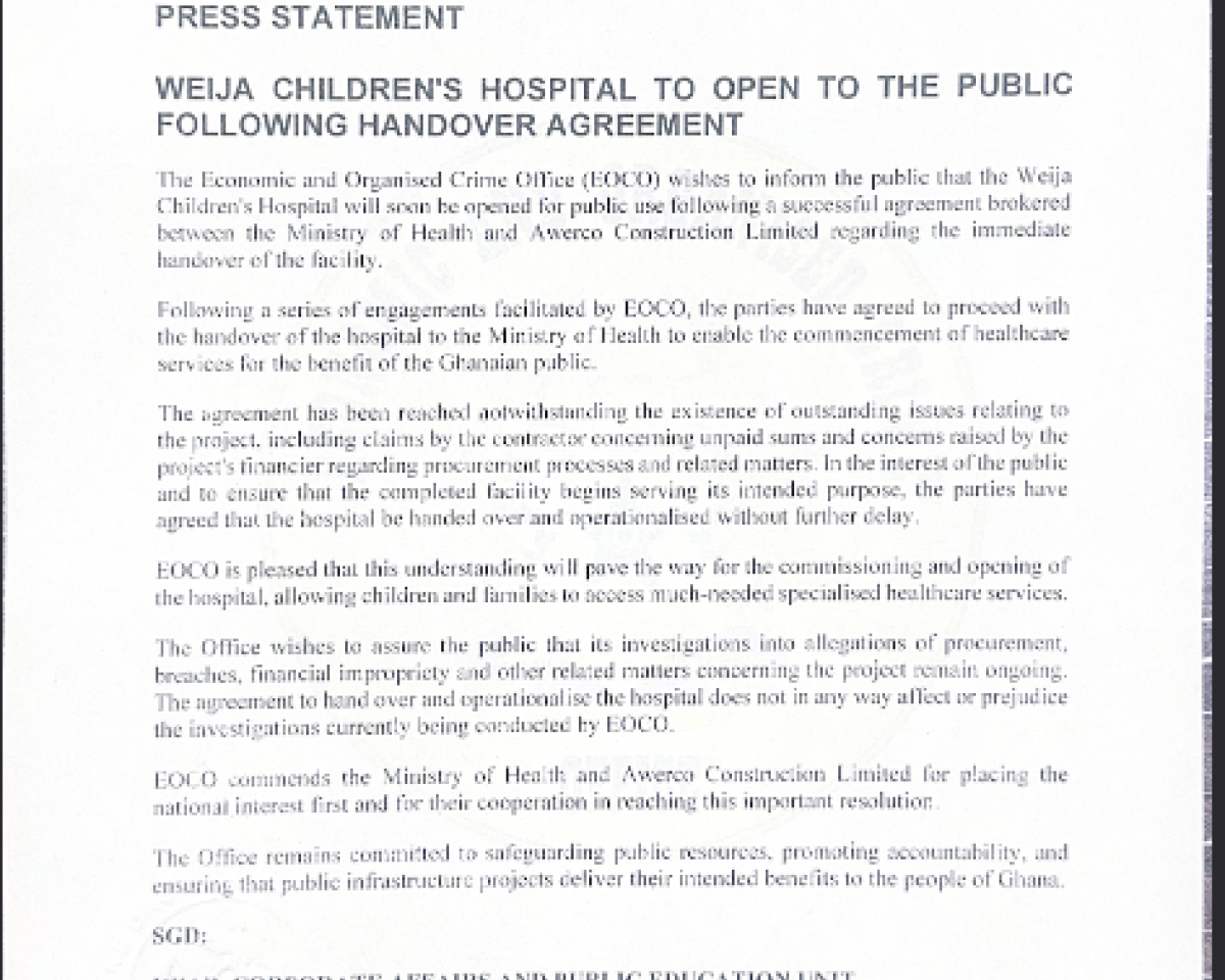 PRESS STATEMENT: WEIJA CHILDREN'S HOSPITAL TO OPEN TO THE PUBLIC FOLLOWING HANDOVER AGREEMENT