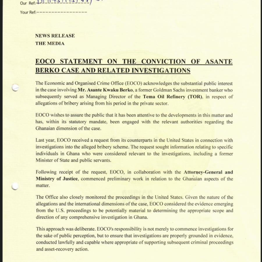 EOCO STATEMENT ON THE CONVICTION OF ASANTE BERKO CASE AND RELATED INVESTIGATIONS