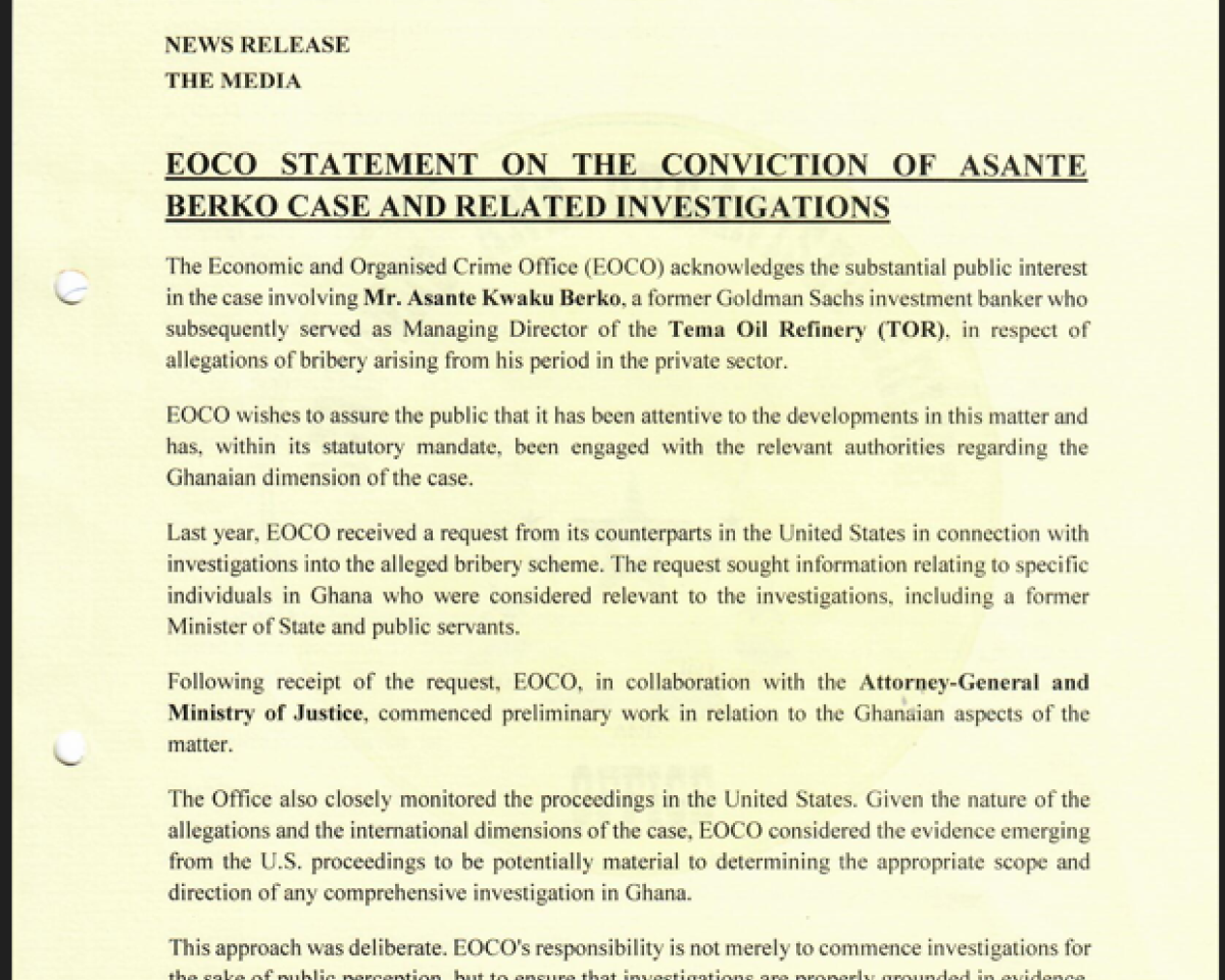 EOCO STATEMENT ON THE CONVICTION OF ASANTE BERKO CASE AND RELATED INVESTIGATIONS