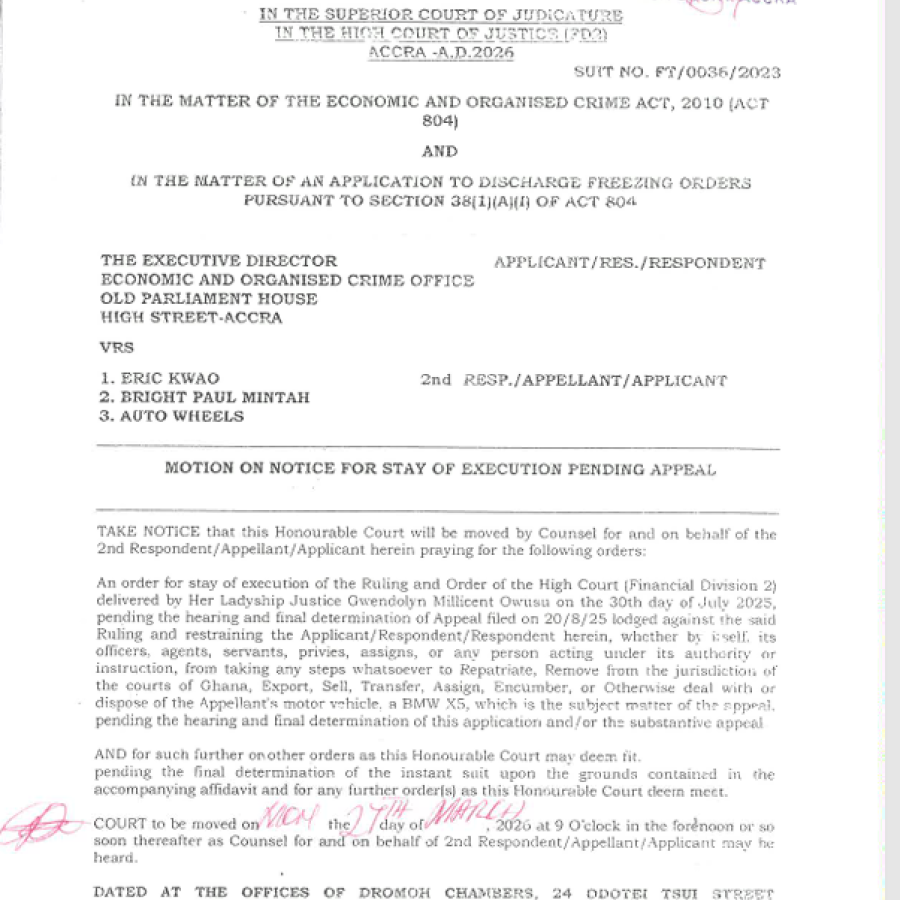 MOTION ON NOTICE FOR STAY OF EXECUTION PENDING APPEAL (EOCO VRS ERIC AND OTHERS)