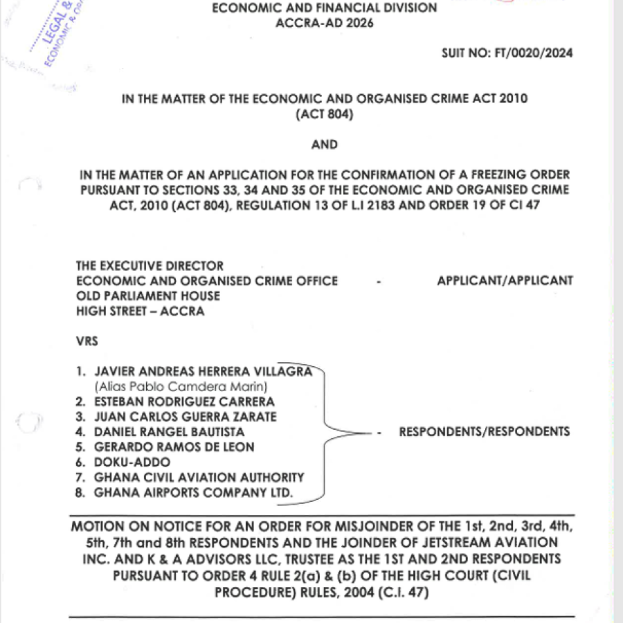 MOTION ON NOTICE FOR AN ORDER FOR MISJOINDER (EOCO VRS AVIER ANDREAS HERRERA VILLAG Alias Pablo Carndera Marin AND OTHERS)