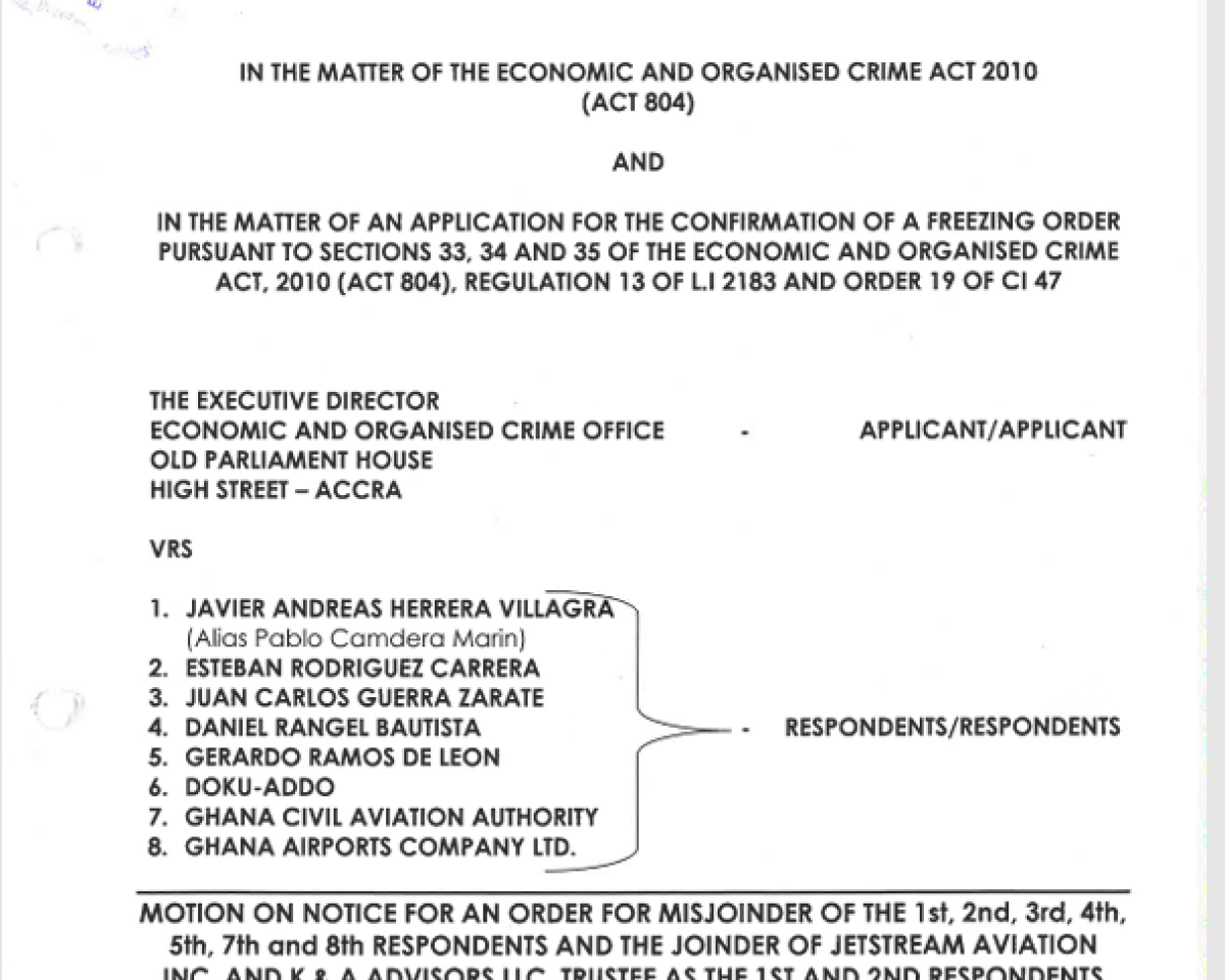 MOTION ON NOTICE FOR AN ORDER FOR MISJOINDER (EOCO VRS AVIER ANDREAS HERRERA VILLAG Alias Pablo Carndera Marin AND OTHERS)