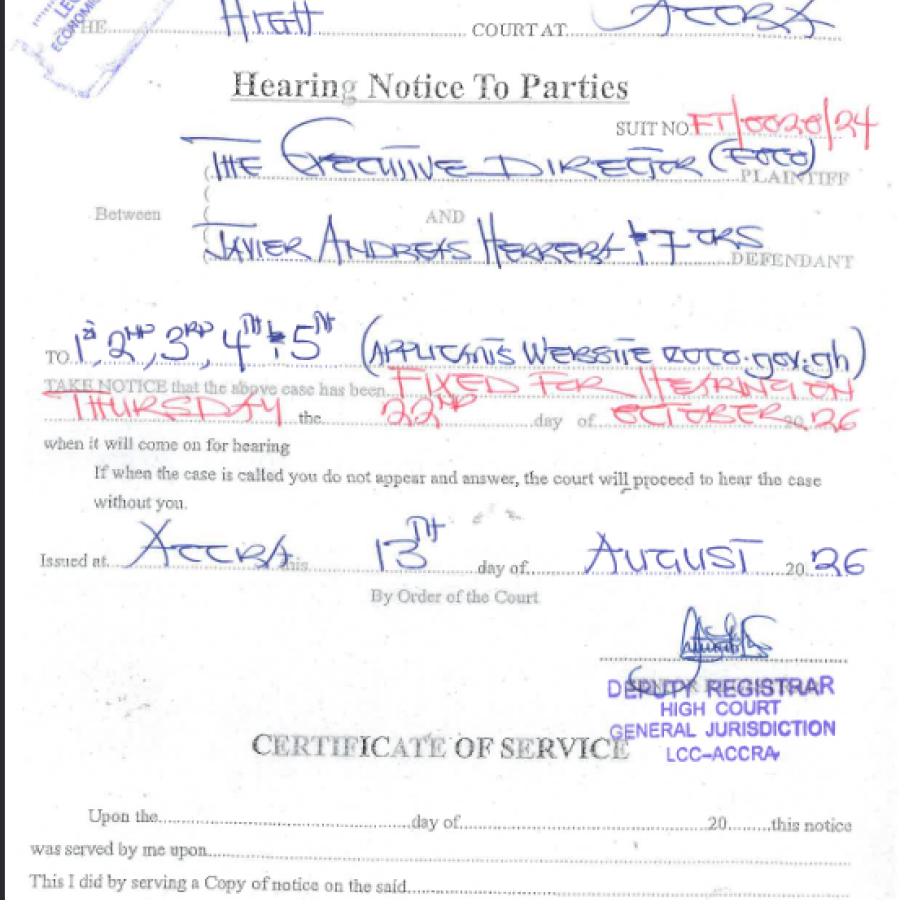 HEARING NOTICE TO PARTIES ( EOCO VRS. JAVIER ANDREAS HERRERA AND OTHERS)