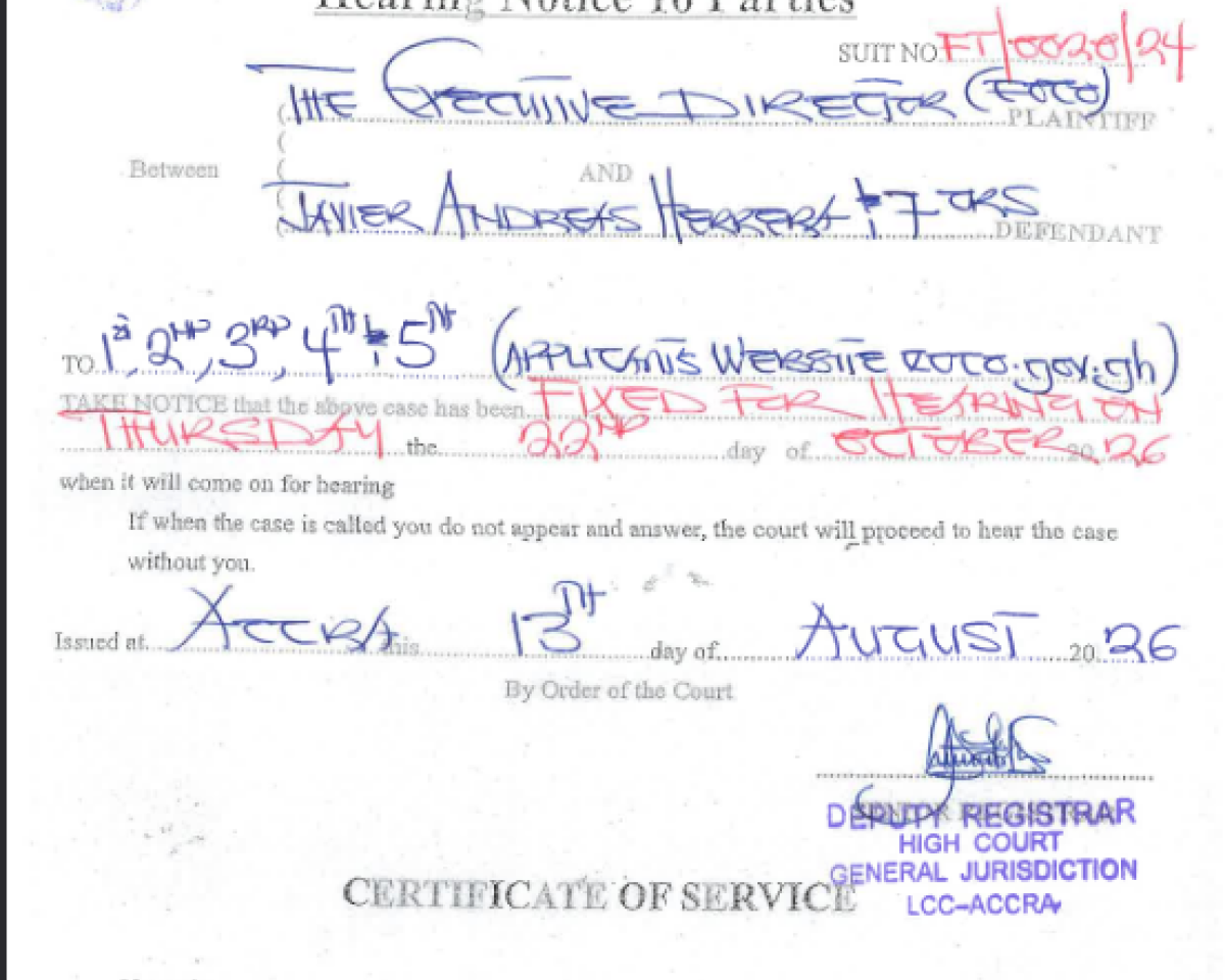 HEARING NOTICE TO PARTIES ( EOCO VRS. JAVIER ANDREAS HERRERA AND OTHERS)