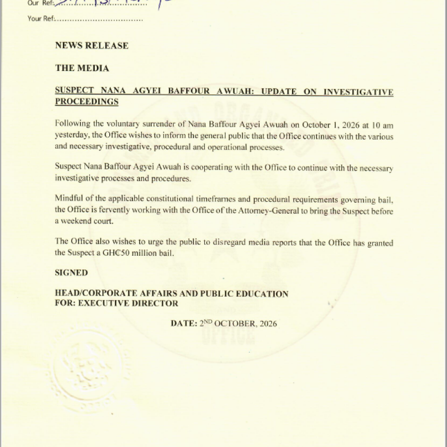 NEWS RELEASE - SUSPECT NANA AGYEI BAFFUOR AWUAH: UPDATE ON INVESTIGATIVE PROCEEDINGS