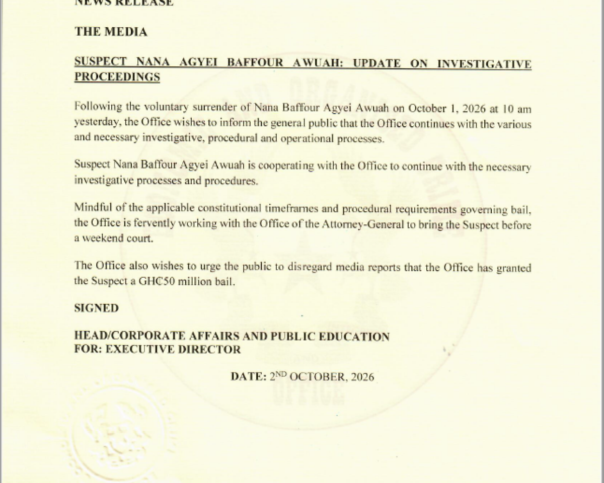 NEWS RELEASE - SUSPECT NANA AGYEI BAFFUOR AWUAH: UPDATE ON INVESTIGATIVE PROCEEDINGS