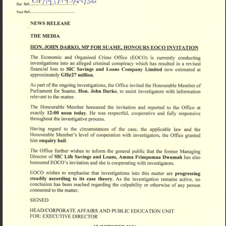 NEWS RELEASE -  HON. JOHN DARKO MP FOR SUAME HONOURS EOCO INVITATION