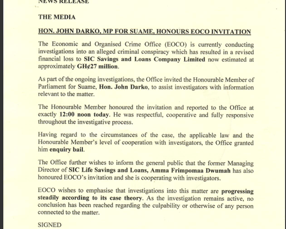 NEWS RELEASE -  HON. JOHN DARKO MP FOR SUAME HONOURS EOCO INVITATION