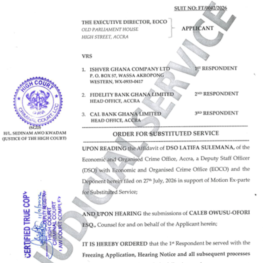 ORDER FOR SUBSTITUTED SERVICE  (EOCO VRS. ISHVER GHANA COMPANY LTD AND OTHERS)