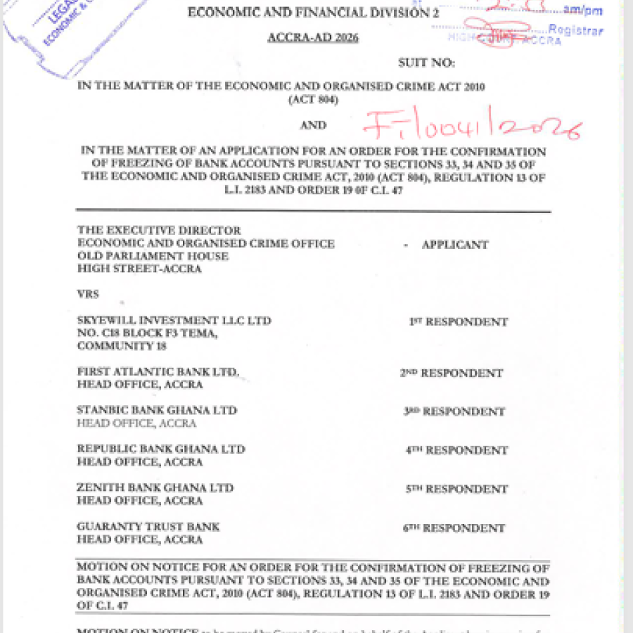ORDER FOR THE CONFIRMATION OF FREEZING TAINTED BANK ACCOUNTS (EOCO VRS  SKYEWILL INVESTMENT LLC AND OTHERS)