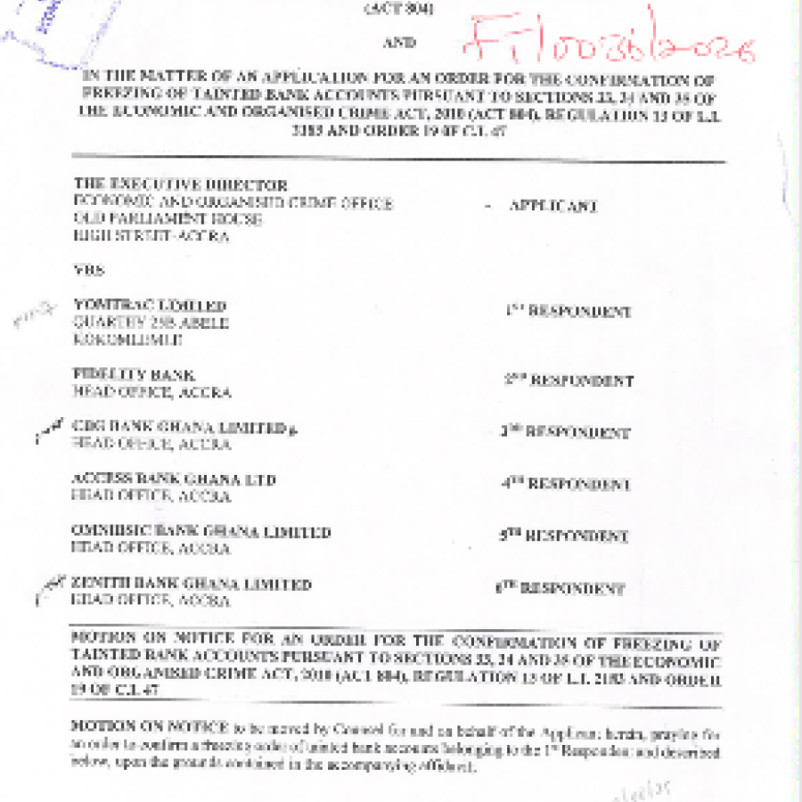 ORDER FOR THE CONFIRMATION OF FREEZING TAINTED BANK ACCOUNTS (EOCO VRS  YOMTRAC LIMITED AND OTHERS)
